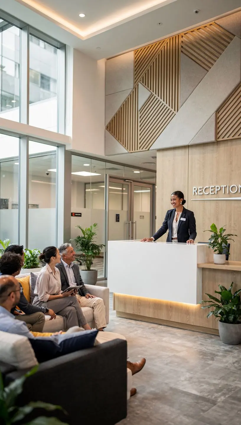 Plan biura z wydzielonymi strefami pracy indywidualnej i wspólnej.