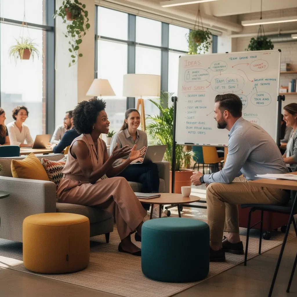 Przykład strefy relaksacyjnej w biurze z roślinnością i wygodnymi fotelami.