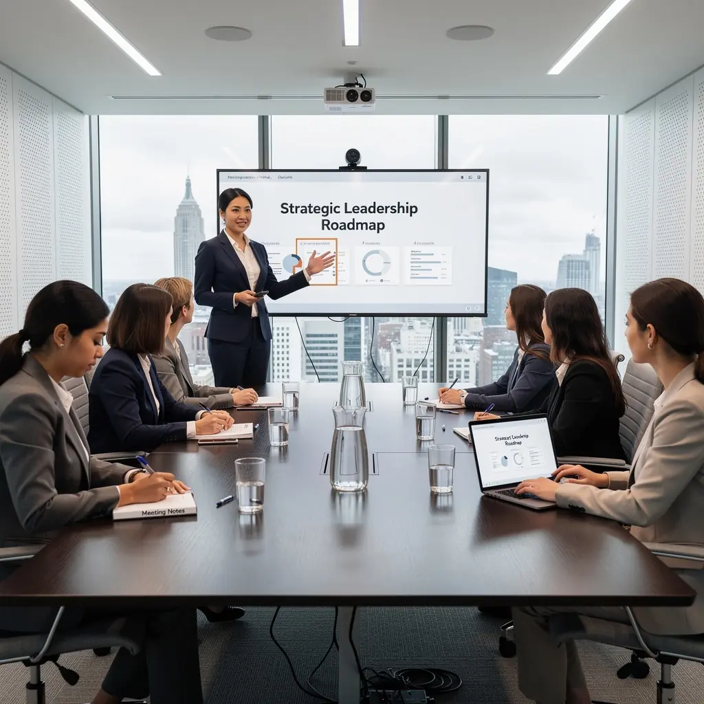 Widok na strefę konferencyjną z dużym stołem i technologią audiowizualną.
