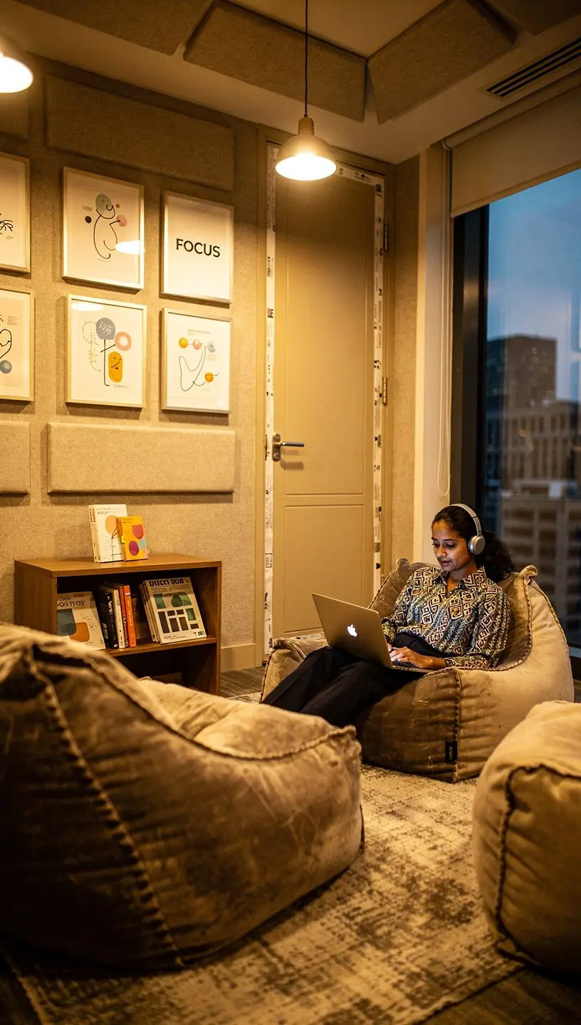 Minimalistyczne biuro z jasnym oświetleniem i roślinami.