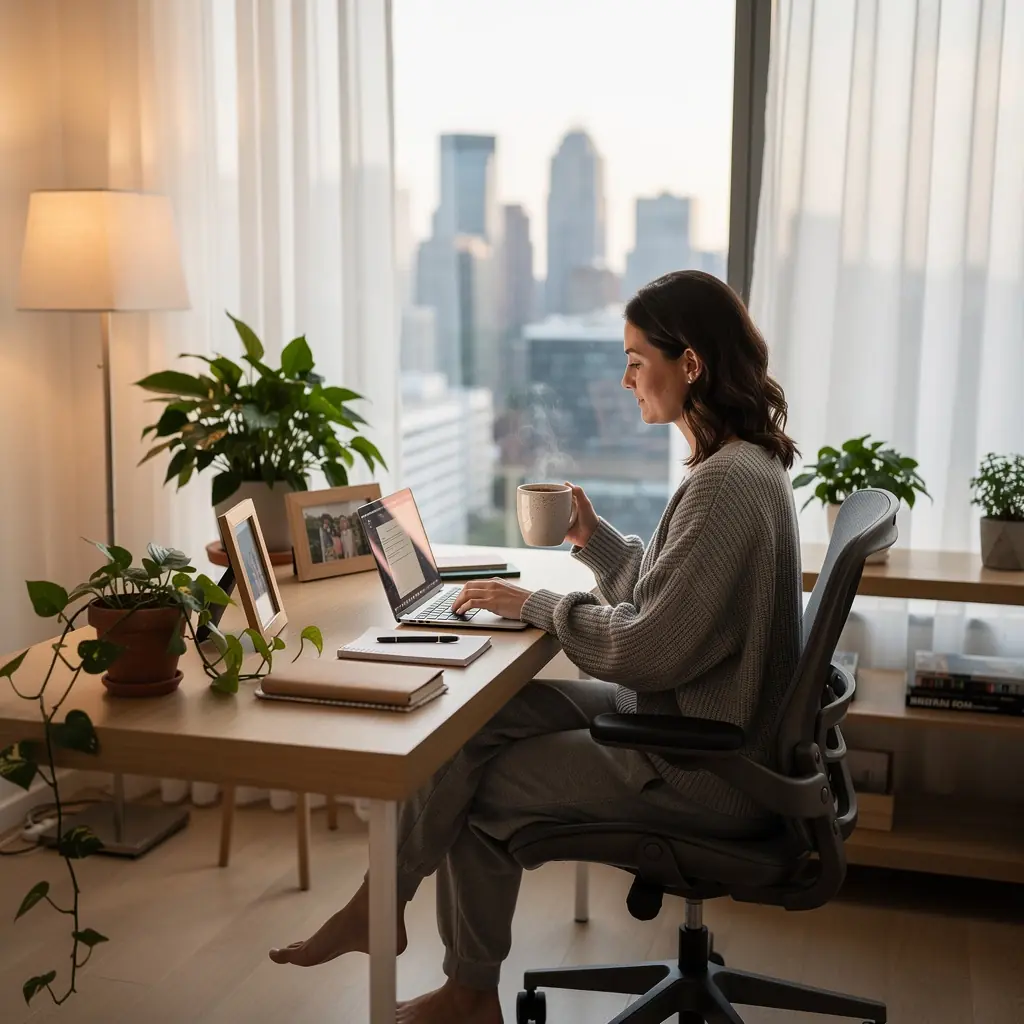 Nowoczesne biuro z przestrzenią do pracy zespołowej i ergonomicznymi meblami.